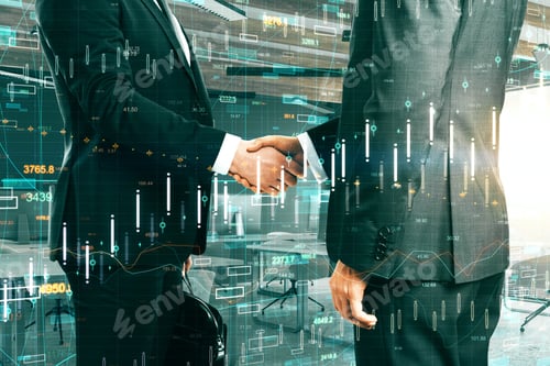 Preview: Side View Of Businessmen Shaking Hands In Blurry Office Interior With Candlestick Forex Chart