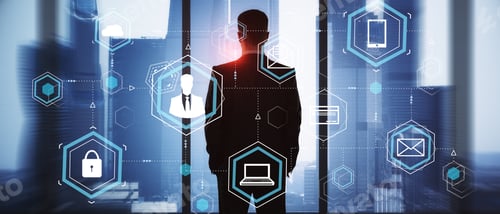 Preview: Young Businessman In Office With Panoramic Blurry City View And Glowing Business Hologram. Future
