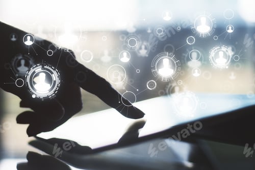 Preview: Hands Using Device With Digital Business Interface. Technology And Innovation Concept