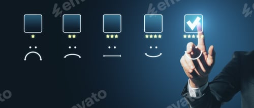 Preview: Hand Choosing 5 Stars On Abstract Glowing Rating Interface On Blue Background. Customer Service
