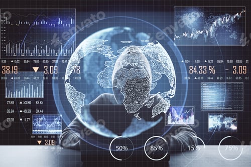 Preview: Hacker Using Computer On Abstract Digital Background. Digital Business Interface And Stock Chart