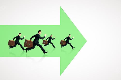Preview: Businessmen With Briefcases Running On Abstract Green Arrow. White Background. Growth And Finance
