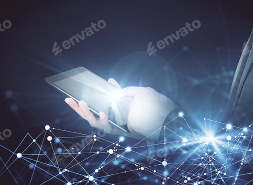 Preview: Businessman Using Tablet On Abstract Blue Background With Digital Pattern. Technology And