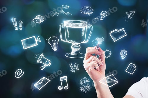 Preview: Businessman Hand Drawing Creative Leadership Business Sketch On Blurry Background. Winner And Plan