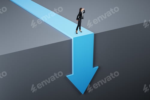 Preview: Attractive Young European Businesswoman Standing On Abstract Blue Arrow Falling Down Cliff. Crisis