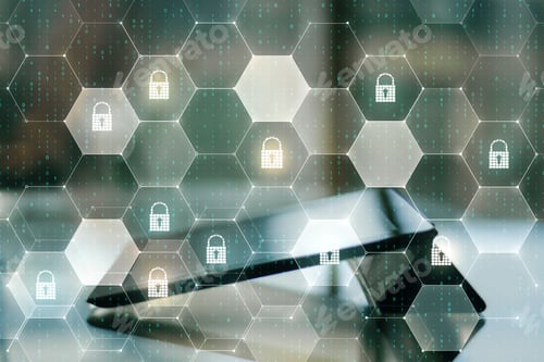 Preview: Close Up Of Tablet With Padlock Interface. Technology And Password Concept. Double Exposure