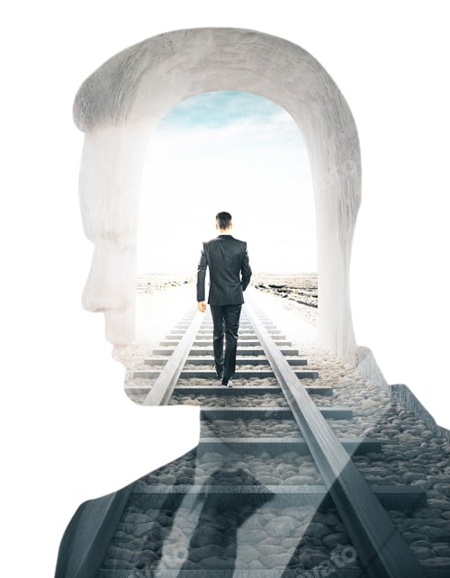 Preview: Businessman Walking On Railway Tracks And Thinking Silhouette On White Background. Double Exposure