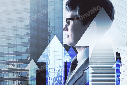 Preview: Portrait Of Attractive Young European Businessman On Abstract City Background With Staircase And