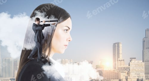Preview: Businessman Standing On Shoulder Businesswoman And Using Binoculars On Blurry City Background