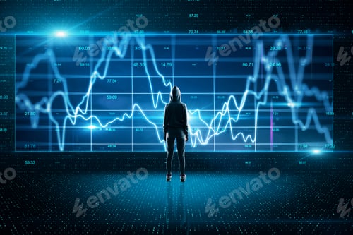 Preview: Hacker Looking On Glowing Stock Chart On Virtual Screen. Hacking And Cyber Attack Concept.