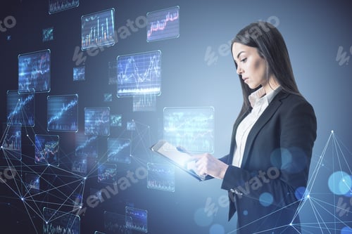 Preview: Attractive Young European Businessman Using Tablet With Creative Forex Charts On Blurry Background