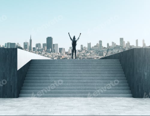 Preview: Back View Of Young Hacker Celebrating Success On Stairs. City Background. Malware And Success