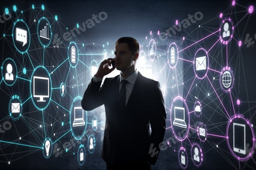 Preview: Businessman Talking On The Phone On Abstract Blurry Background With Digital Interface. Future And