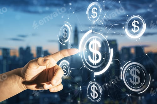 Preview: Close Up Of Man Hand Pointing At Glowing Digital American Dollar Interface Hologram On Blurry Night