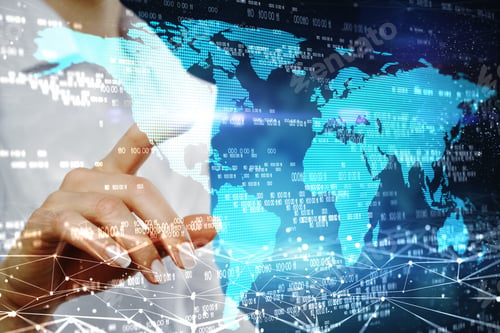 Vista previa: Side View Of Hand Using Abstract Digital Map With Binary Code On Blurry Background. Global Business