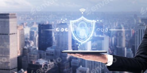 Preview: Close Up Of Hand Holding Tablet With Abstract Web Protection And Thumbprint Id Safety Hologram On