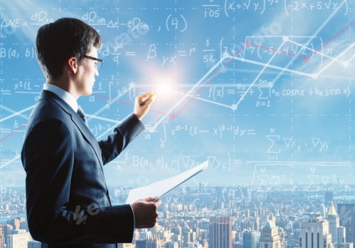 Preview: Side Portrait Of Handsome Young Businessman Writing Mathematical Formulas On Bright City