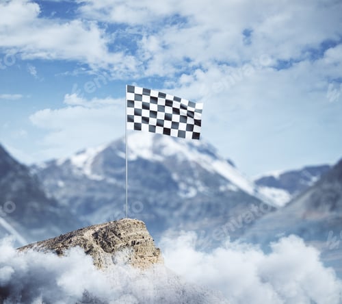 Preview: Checkered Flag On Mountain Top. Cloudy Sky Background. Success Concept