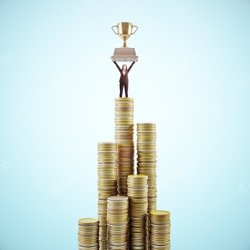 Preview: Businesswoman Standing On Stack Golden Coins And Holding Winner Cup On Blue Background. Winner And
