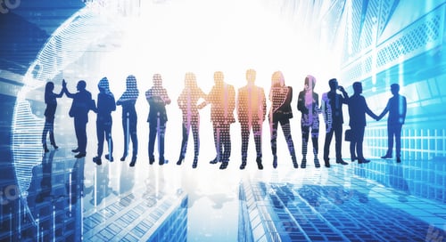 Preview: Abstract Crowd Silhouette On City Background. Success And Meeting Concept.