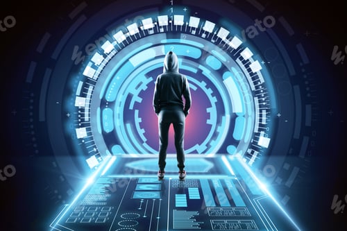 Preview: Back View Of Young Hacker In Abstract Space Tunnel Interior.