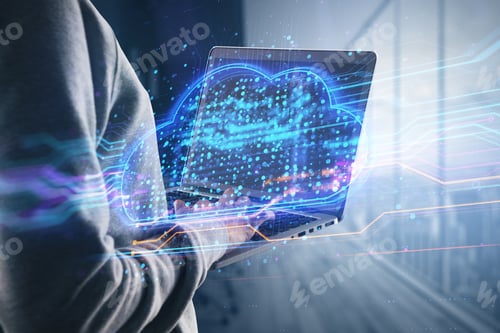 Preview: Close Up Of Hands Using Laptop With Abstract Glowing Cloud Hologram Screen On Blurry Background