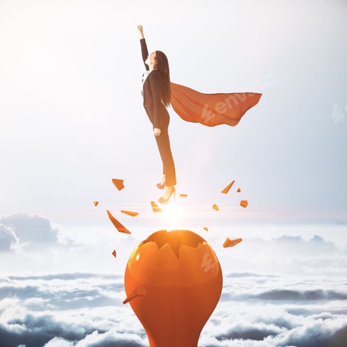 Preview: Businesswoman With Red Hero Cape Launching From Abstract Broken Lamp. Sky Background. Startup And