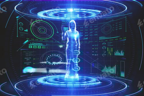 Preview: Glowing Hacker Hologram With Stock Chart Standing In Teleportation Station. Future Technologies