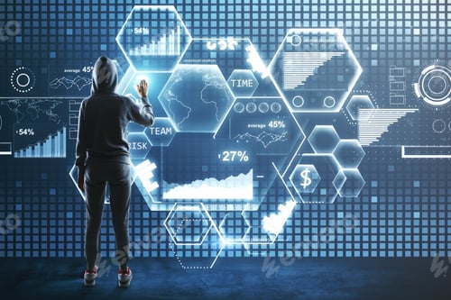 Preview: Hacker With Digital Business Interface On Blurry Interior Background. Hacking And Data Concept