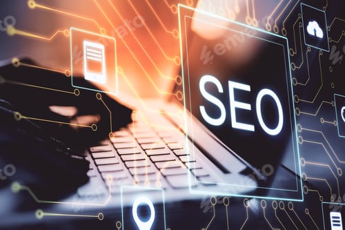 Preview: Hand Using Laptop And Creative Digital Seo Hologram. Search Engine Optimization Concept. 3D