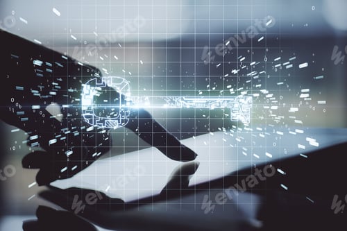 Preview: Hand Using Digital Tablet With Glowing Circuit Key. Business And Security Concept. Multiexposure