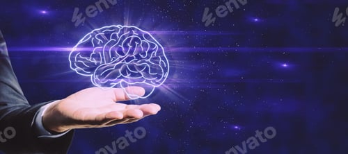 Preview: Close Up Of Hand Holding Glowing Human Brain On Dark Blue Background With Mock Up Place. Artificial