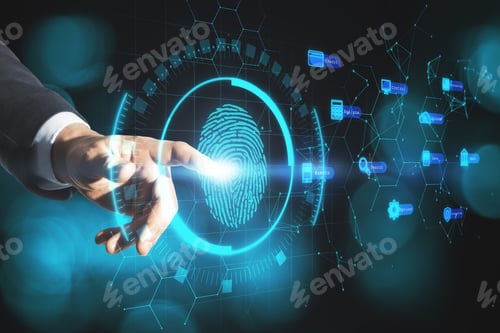 Preview: Businessman Hand Pointing At Creative Fingerprint Interface On Blurry Bokeh Background. Biometrics