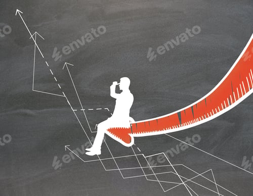 Preview: Drawn Man Sitting On Red Chart Arrow And Looking Into The Distance On Chalkboard Background