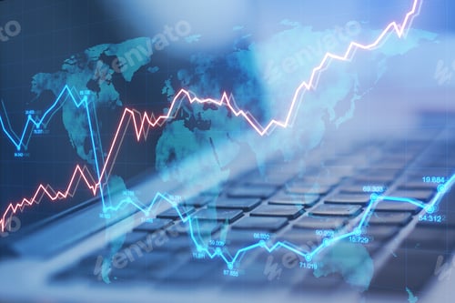 Preview: Close Up Of Laptop On Desk With Abstract Forex Chart. Fintech, Trade And Data Exchange Concept