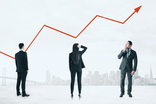 Preview: Businesspeople On White City Background With Red Chart Arrow. Decline And Decrease Concept