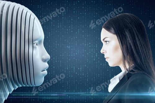 Preview: European Businesswoman Looking On Digital Head Outline Interface. Ai And Machine Learning Concept