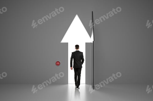 Preview: Personal Growth Concept With Businessman Walking Through Arrow Door To Make Right Decision.