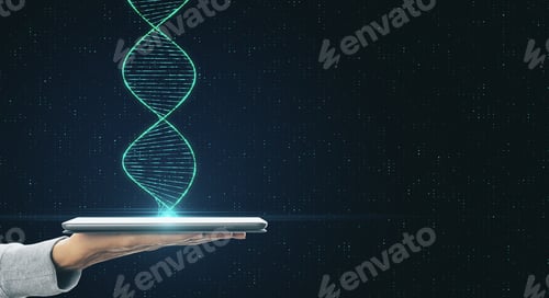Preview: Genetic Science And Biotechnology Concept With Human Hand With Digital Tablet And Dna Spiral.