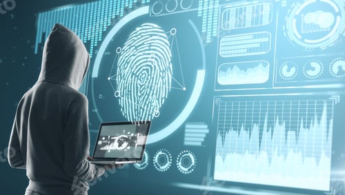 Preview: Malware And Security Concept. Back View Of Hacker With Hood, Laptop And Digital Business Interface