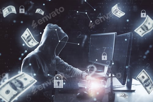 Preview: Hacker Using Computer And Falling Dollar Bills. Hacking And Financial Success Concept