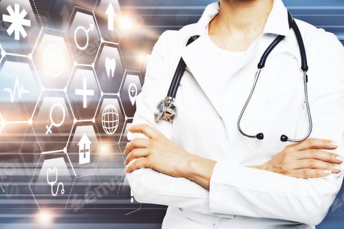 Preview: Young Female Doctor With Folded Arms Standing On Dark Background With Digital Medical Icons