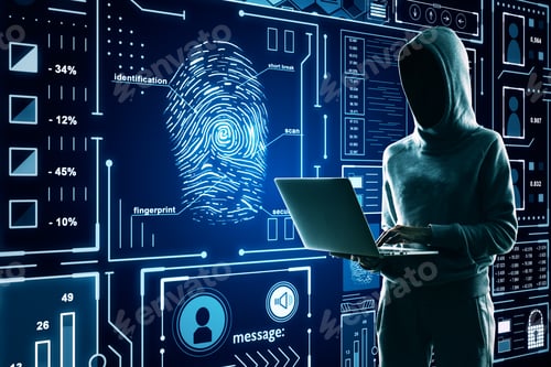 Preview: Hacker Using Laptop With Abstract Glowing Finger Print Interface On Dark Background. Access And