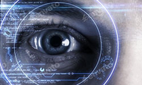 Preview: Close Up Of Eye With Digital Business Hud Interface. Face Id And Innovation Concept. Multiexposure