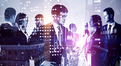 Preview: Multi Exposure Of Group Of Business People Working On The Background Of The City