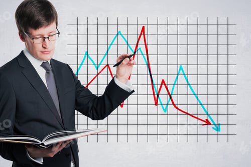 Preview: Businessman Hand Drawing Abstract Downward Falling Into Hole Business Chart With Arrow Sketch On