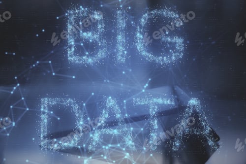 Preview: Ai And Technology Concept. Creative Glowing Polygonal Text On Blurry Background. Double Exposure