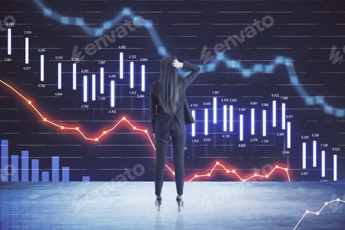 Preview: Loss Of Profit Concept Businesswoman Grabs Her Head And Looking On Big Screen With Falling Down
