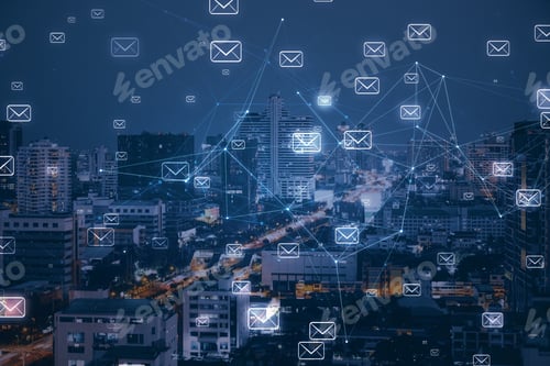 Preview: Night City Backdrop With Email Network. Newsletter And Communication Concept. Multiexposure