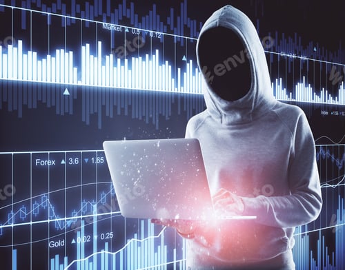 Preview: Young Hacker Using Laptop With Digital Forex Chart. Trade And Malware Concept. Double Exposure